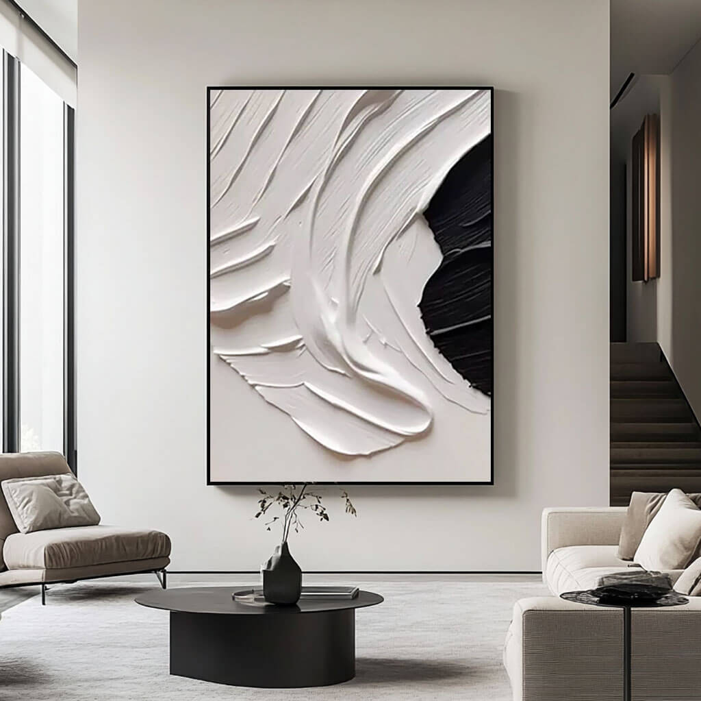 Minimalist Black and White Textured Abstract Palette Knife Painting - Diffuse I - Hues Art Lab