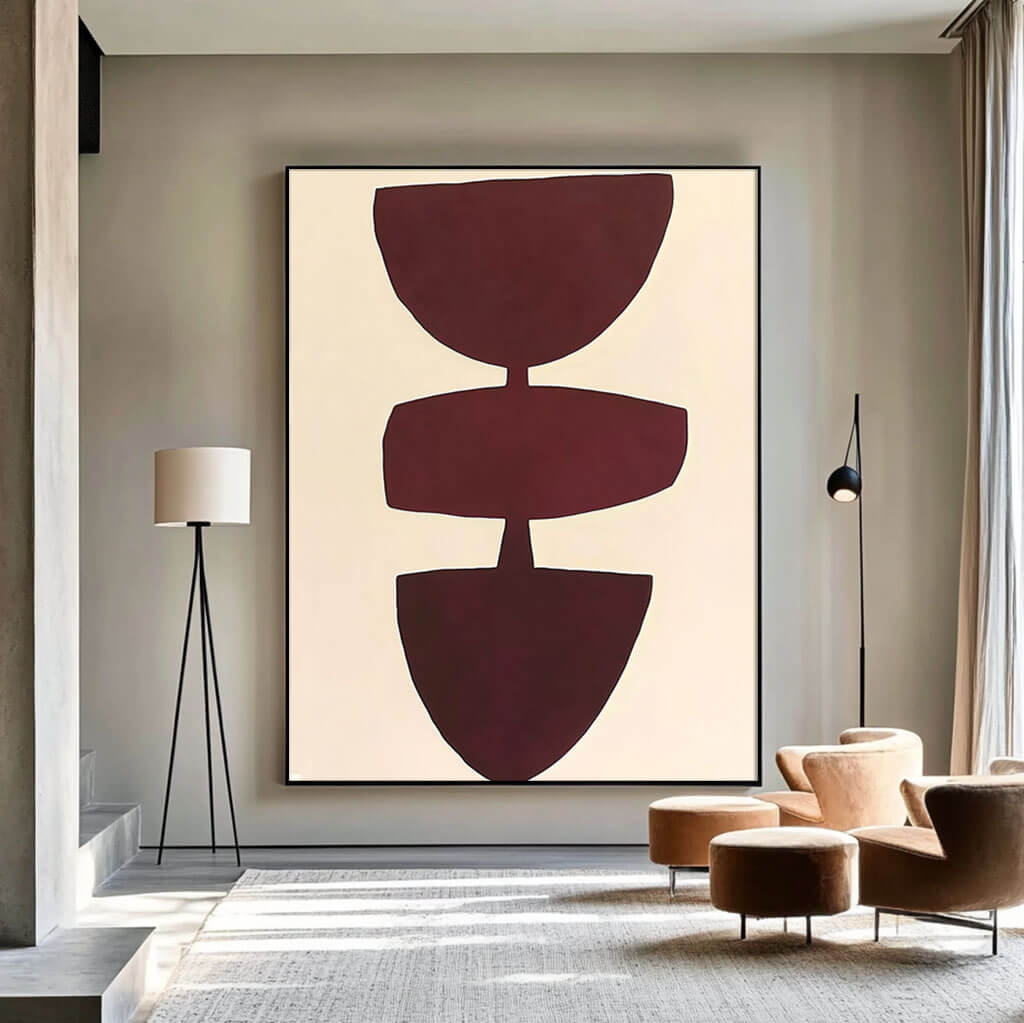 Minimalist Abstract Shapes Wall Art | Modern Burgundy Canvas Painting - Disagreement - Hues Art Lab