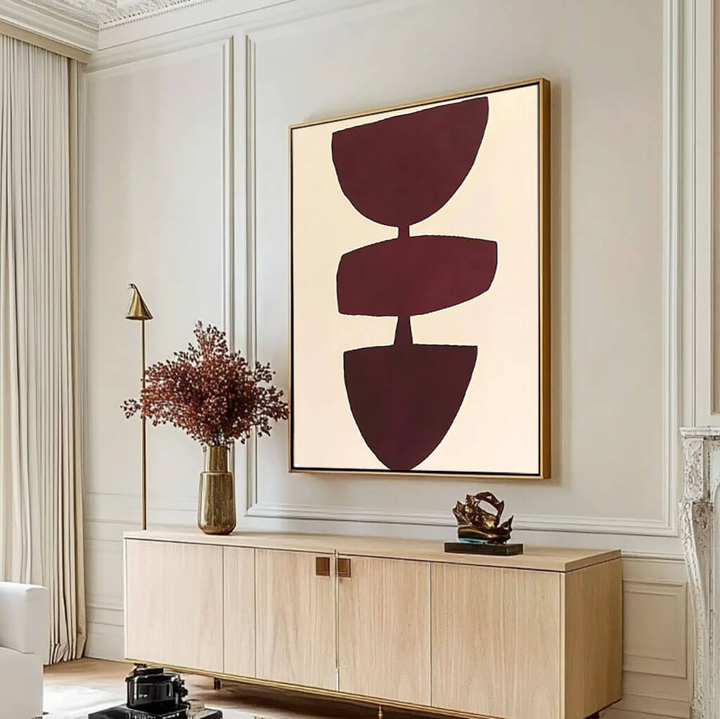 Minimalist Abstract Shapes Wall Art | Modern Burgundy Canvas Painting - Disagreement - Hues Art Lab