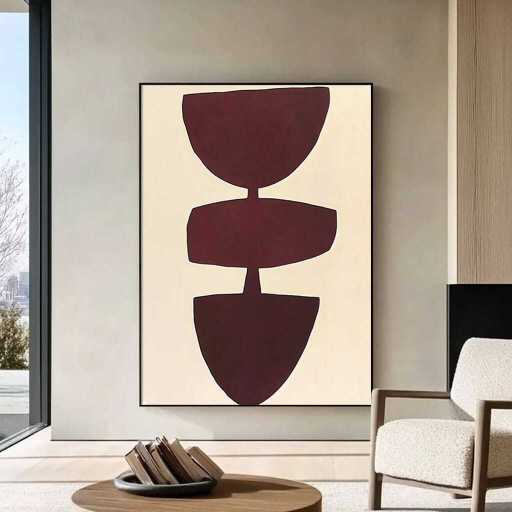 Minimalist Abstract Shapes Wall Art | Modern Burgundy Canvas Painting - Disagreement - Hues Art Lab