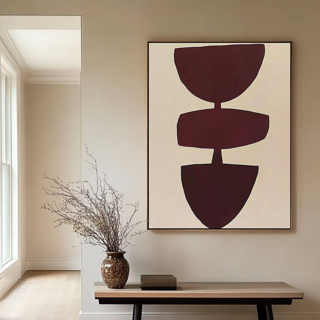 Minimalist Abstract Shapes Wall Art | Modern Burgundy Canvas Painting - Disagreement - Hues Art Lab