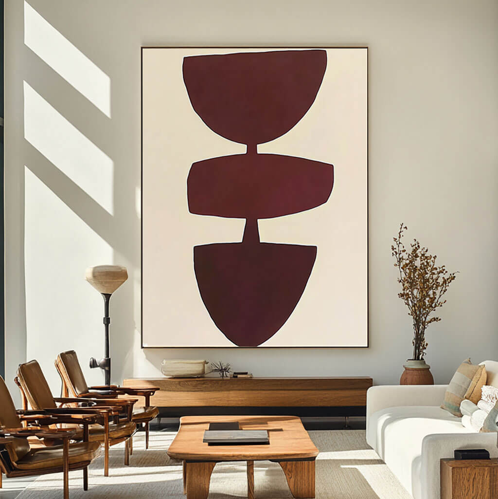 Minimalist Abstract Shapes Wall Art | Modern Burgundy Canvas Painting - Disagreement - Hues Art Lab