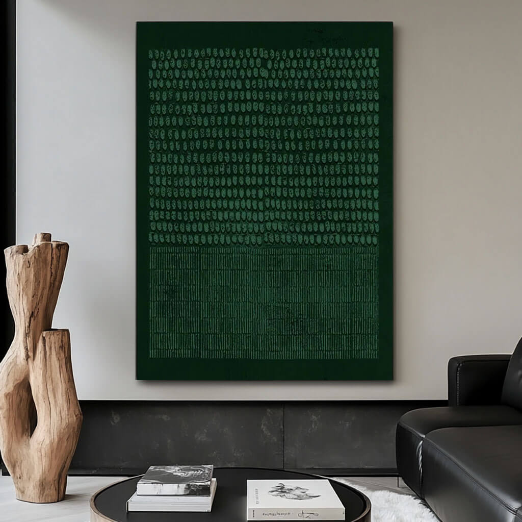 Wabi Sabi Green Textured Hand-Painted Canvas Oil Painting - Large Wall Art for Living Room Decor - Dots And Blocks - Hues Art Lab