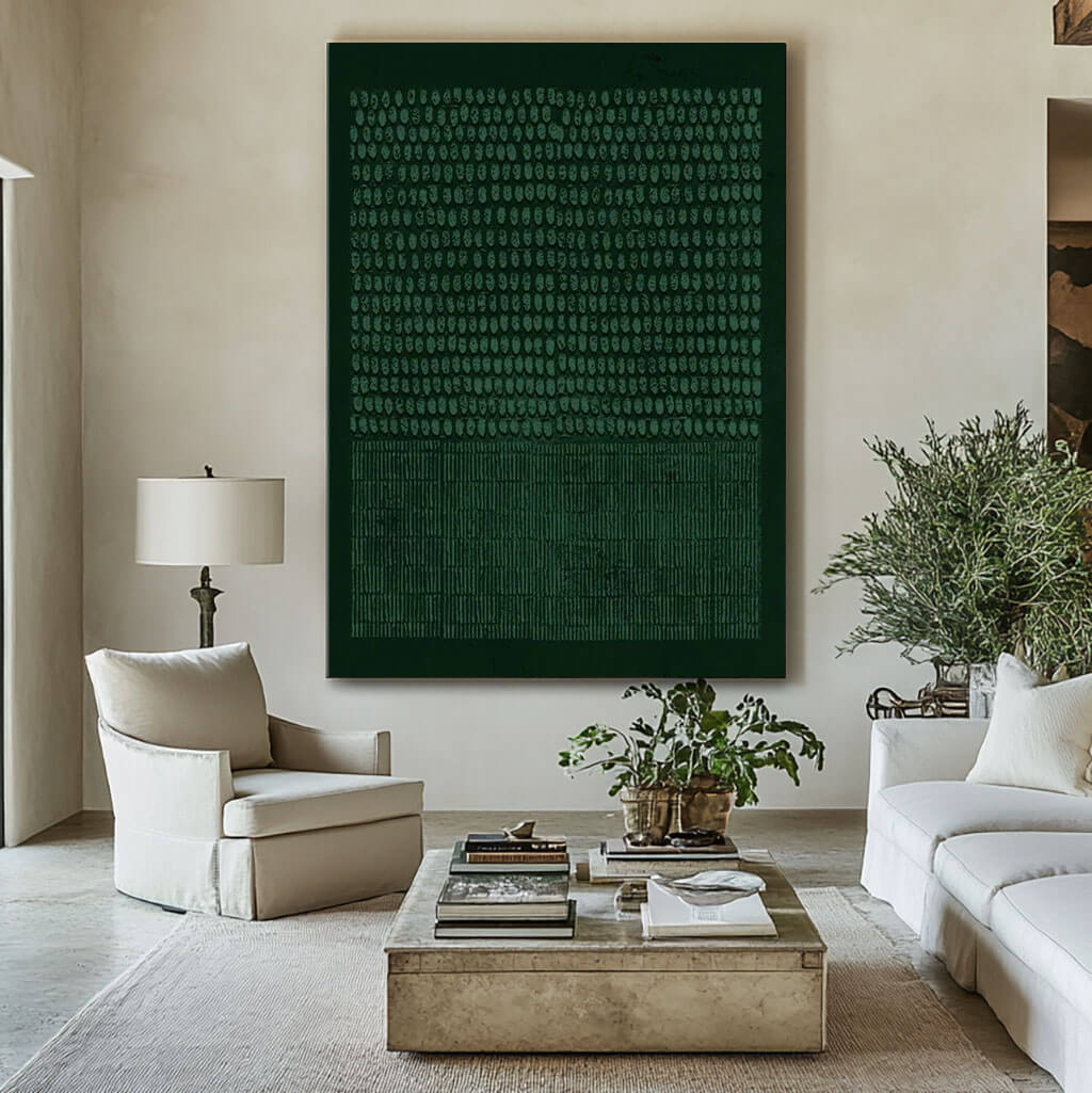 Wabi Sabi Green Textured Hand-Painted Canvas Oil Painting - Large Wall Art for Living Room Decor - Dots And Blocks - Hues Art Lab