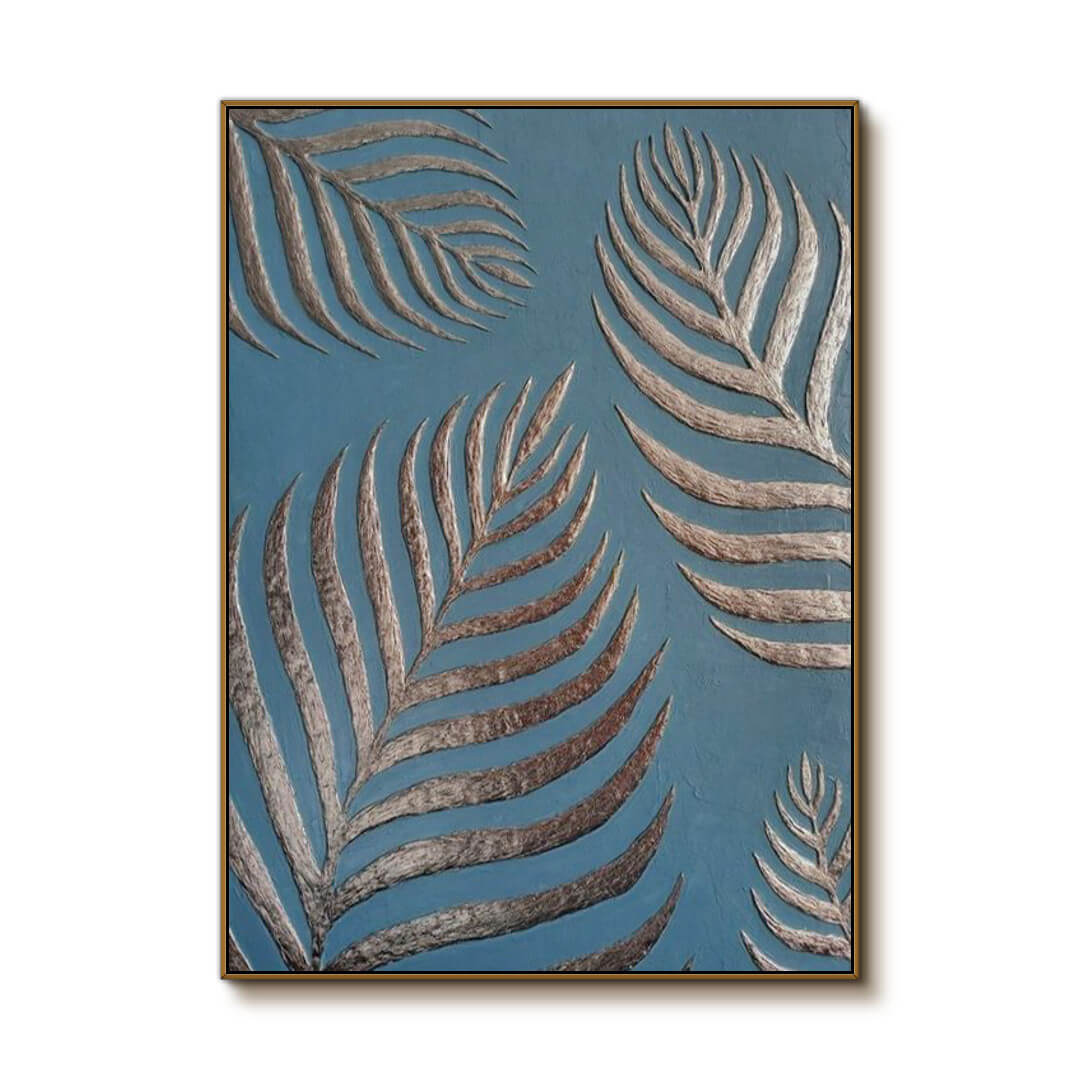 3D Textured Palm Leaf Embossed Painting, Modern Wall Art in Blue and Silver for Living Room - Dream Branches - Hues Art Lab