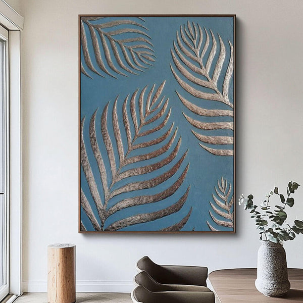 3D Textured Palm Leaf Embossed Painting, Modern Wall Art in Blue and Silver for Living Room - Dream Branches - Hues Art Lab