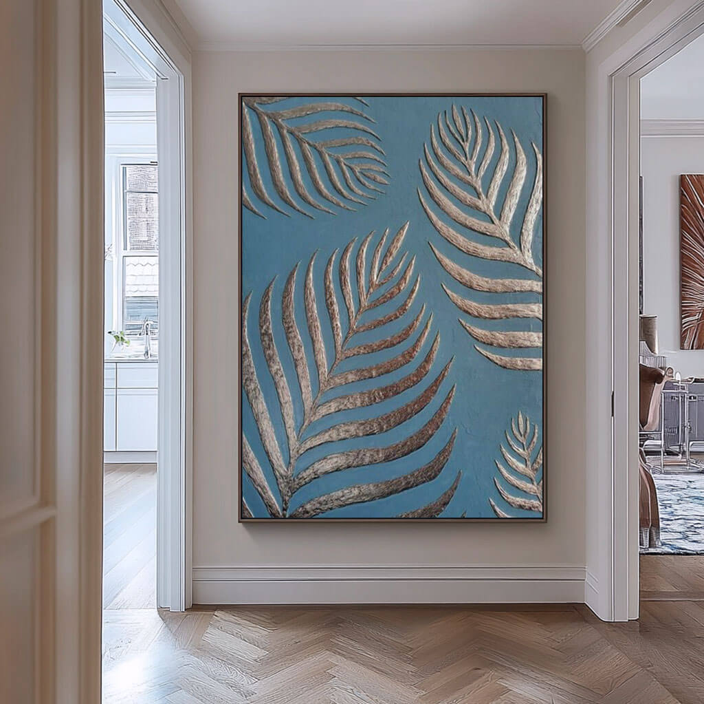 3D Textured Palm Leaf Embossed Painting, Modern Wall Art in Blue and Silver for Living Room - Dream Branches - Hues Art Lab