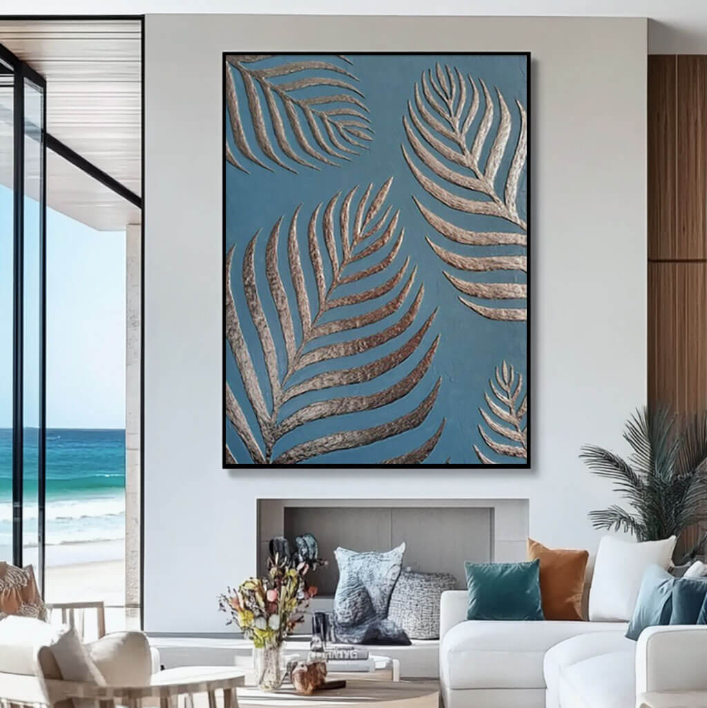 3D Textured Palm Leaf Embossed Painting, Modern Wall Art in Blue and Silver for Living Room - Dream Branches - Hues Art Lab