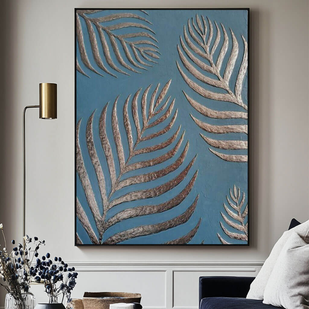 3D Textured Palm Leaf Embossed Painting, Modern Wall Art in Blue and Silver for Living Room - Dream Branches - Hues Art Lab