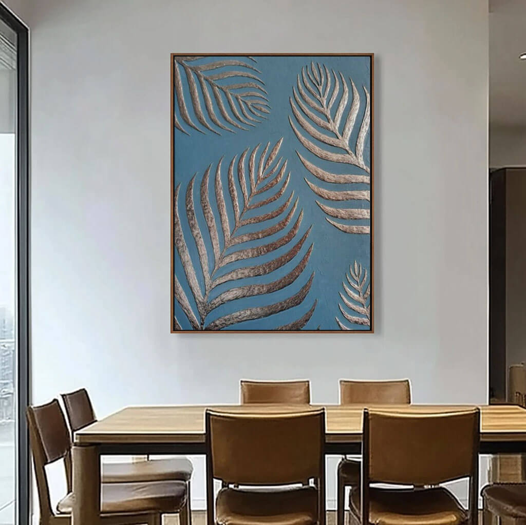 3D Textured Palm Leaf Embossed Painting, Modern Wall Art in Blue and Silver for Living Room - Dream Branches - Hues Art Lab