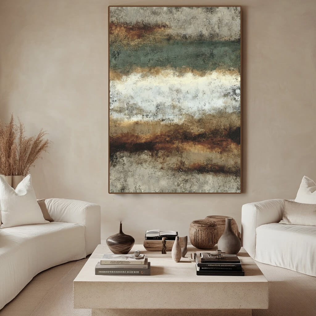 Modern Americana abstract wall art in earthy green and beige tones - Duet of the Earth I - Hues Art Lab