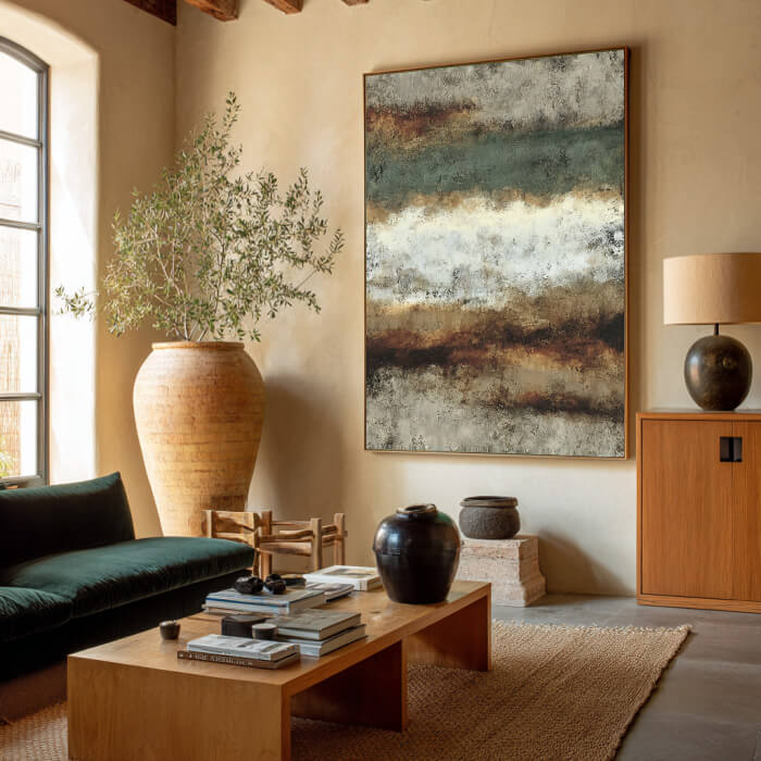 Modern Americana abstract wall art in earthy green and beige tones - Duet of the Earth I - Hues Art Lab