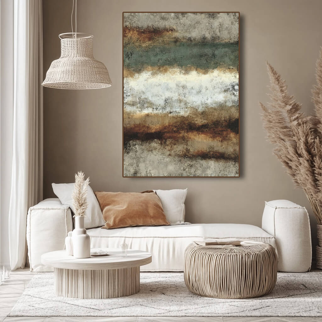 Modern Americana abstract wall art in earthy green and beige tones - Duet of the Earth I - Hues Art Lab