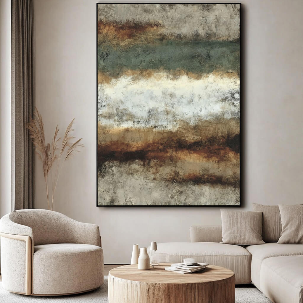 Modern Americana abstract wall art in earthy green and beige tones - Duet of the Earth I - Hues Art Lab