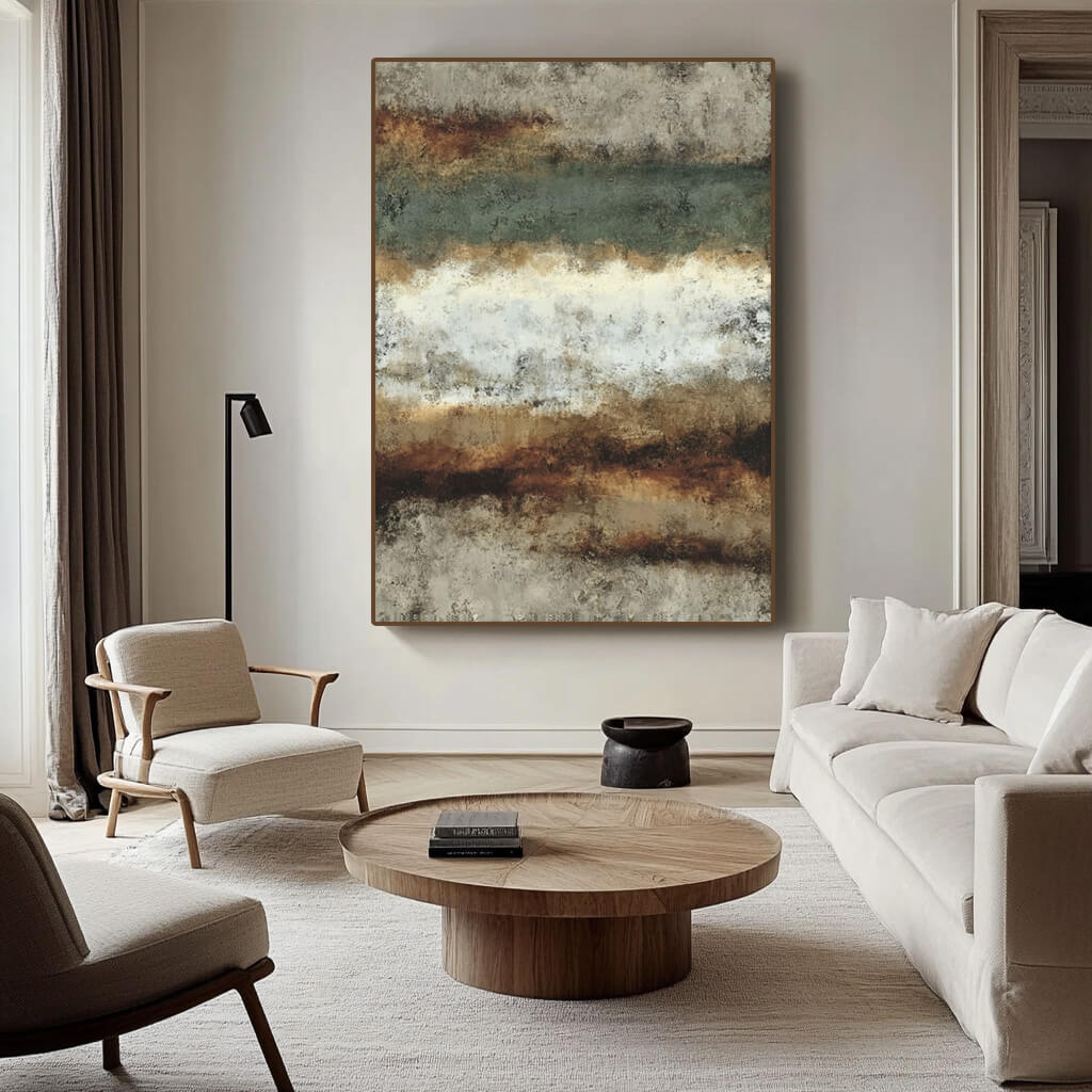 Modern Americana abstract wall art in earthy green and beige tones - Duet of the Earth I - Hues Art Lab