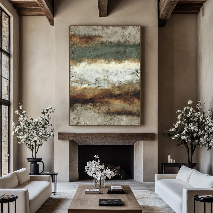 Modern Americana abstract wall art in earthy green and beige tones - Duet of the Earth I - Hues Art Lab