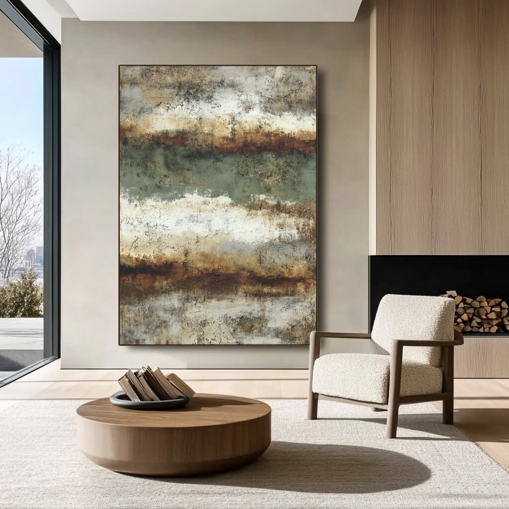 Earthy modern Americana abstract wall art in green beige tones - Duet of the Earth II - Hues Art Lab