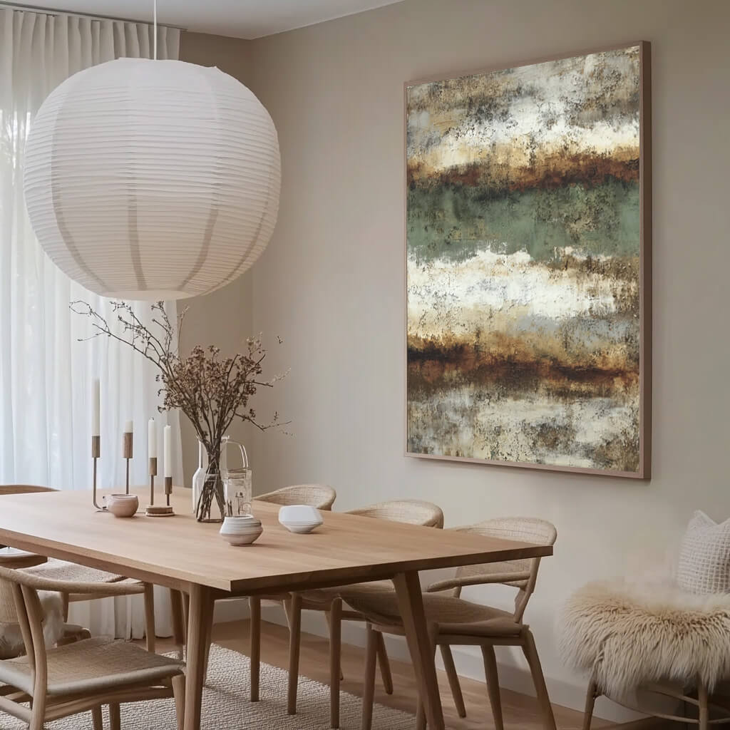 Earthy modern Americana abstract wall art in green beige tones - Duet of the Earth II - Hues Art Lab