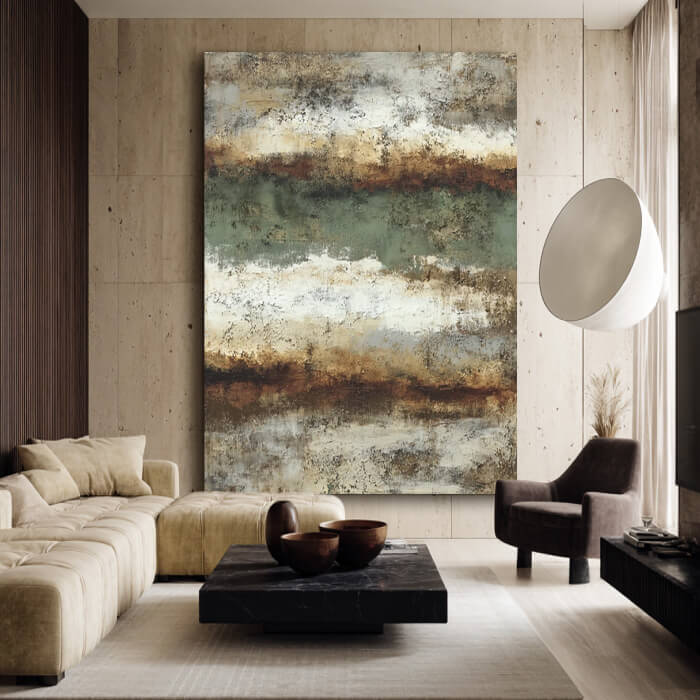 Earthy modern Americana abstract wall art in green beige tones - Duet of the Earth II - Hues Art Lab