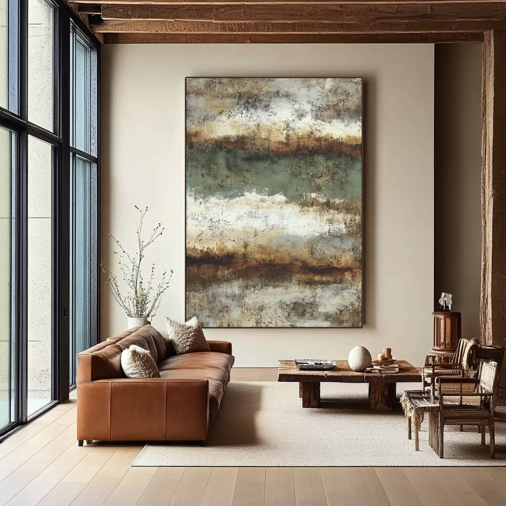 Earthy modern Americana abstract wall art in green beige tones - Duet of the Earth II - Hues Art Lab
