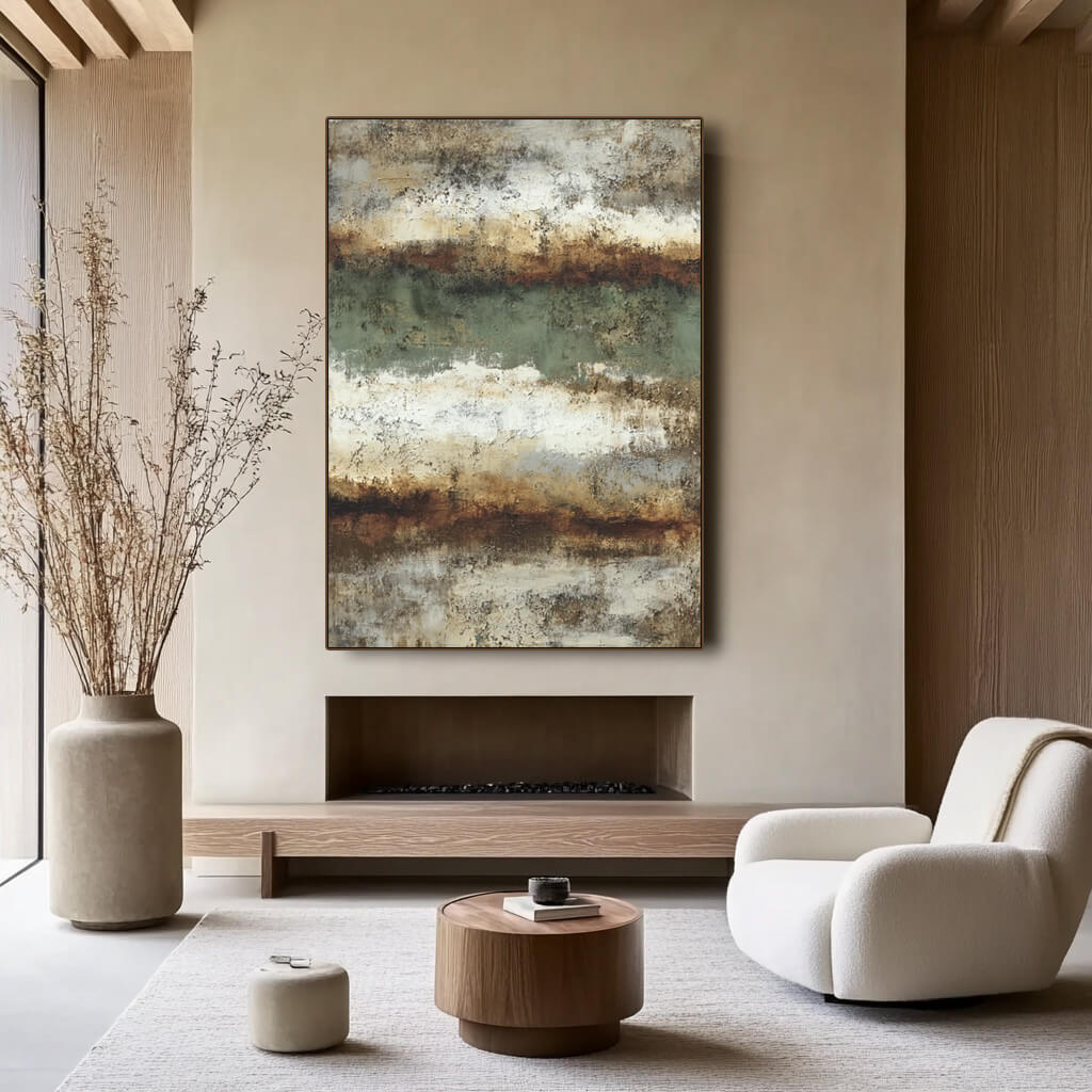 Earthy modern Americana abstract wall art in green beige tones - Duet of the Earth II - Hues Art Lab