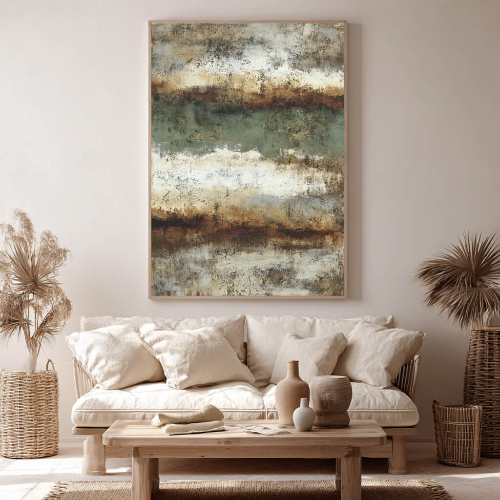 Earthy modern Americana abstract wall art in green beige tones - Duet of the Earth II - Hues Art Lab