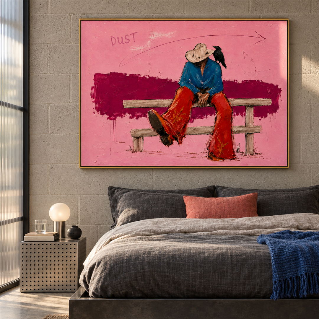 expressive Western cowboy and crow wall art in pink blue and red in a coordinated modern interior