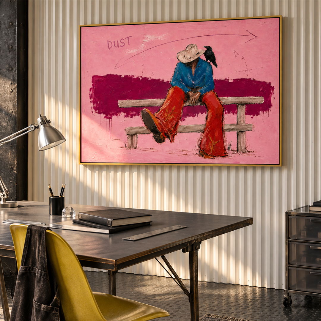 expressive Western cowboy and crow wall art in pink blue and red in a coordinated modern interior