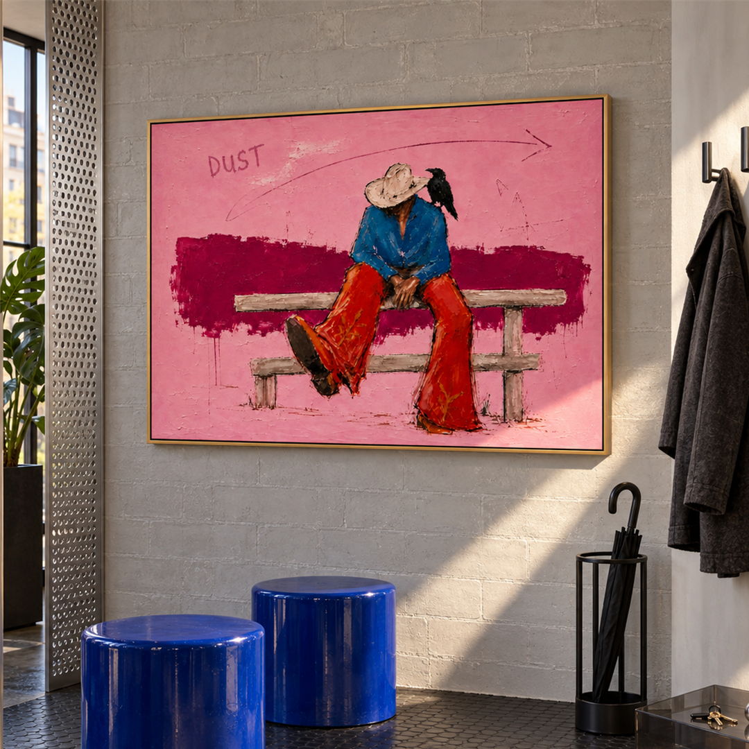 expressive Western cowboy and crow wall art in pink blue and red in a coordinated modern interior