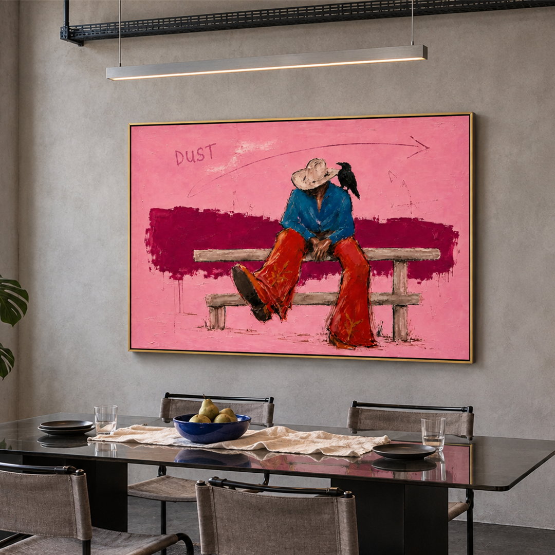 expressive Western cowboy and crow wall art in pink blue and red in a coordinated modern interior