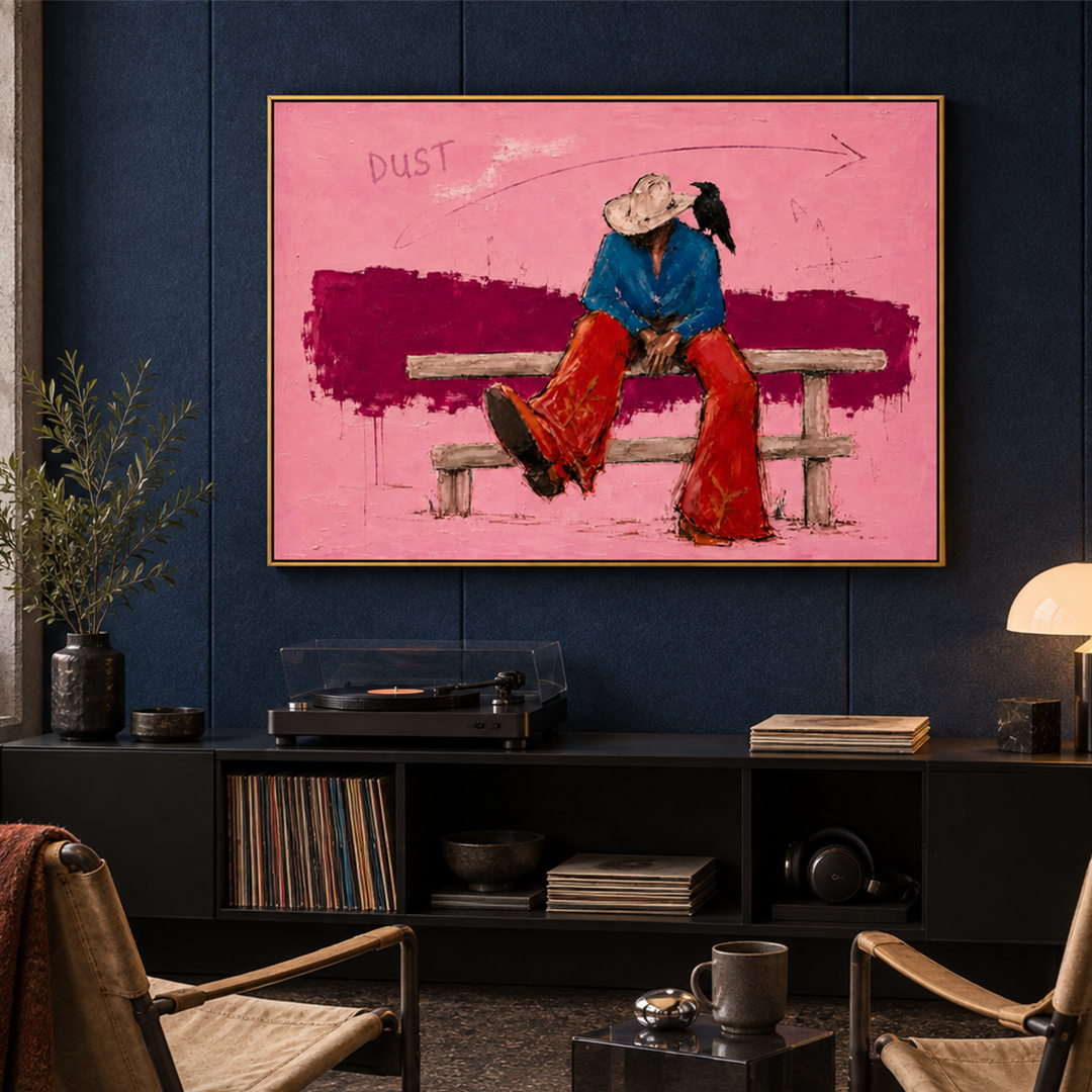 expressive Western cowboy and crow wall art in pink blue and red in a coordinated modern interior