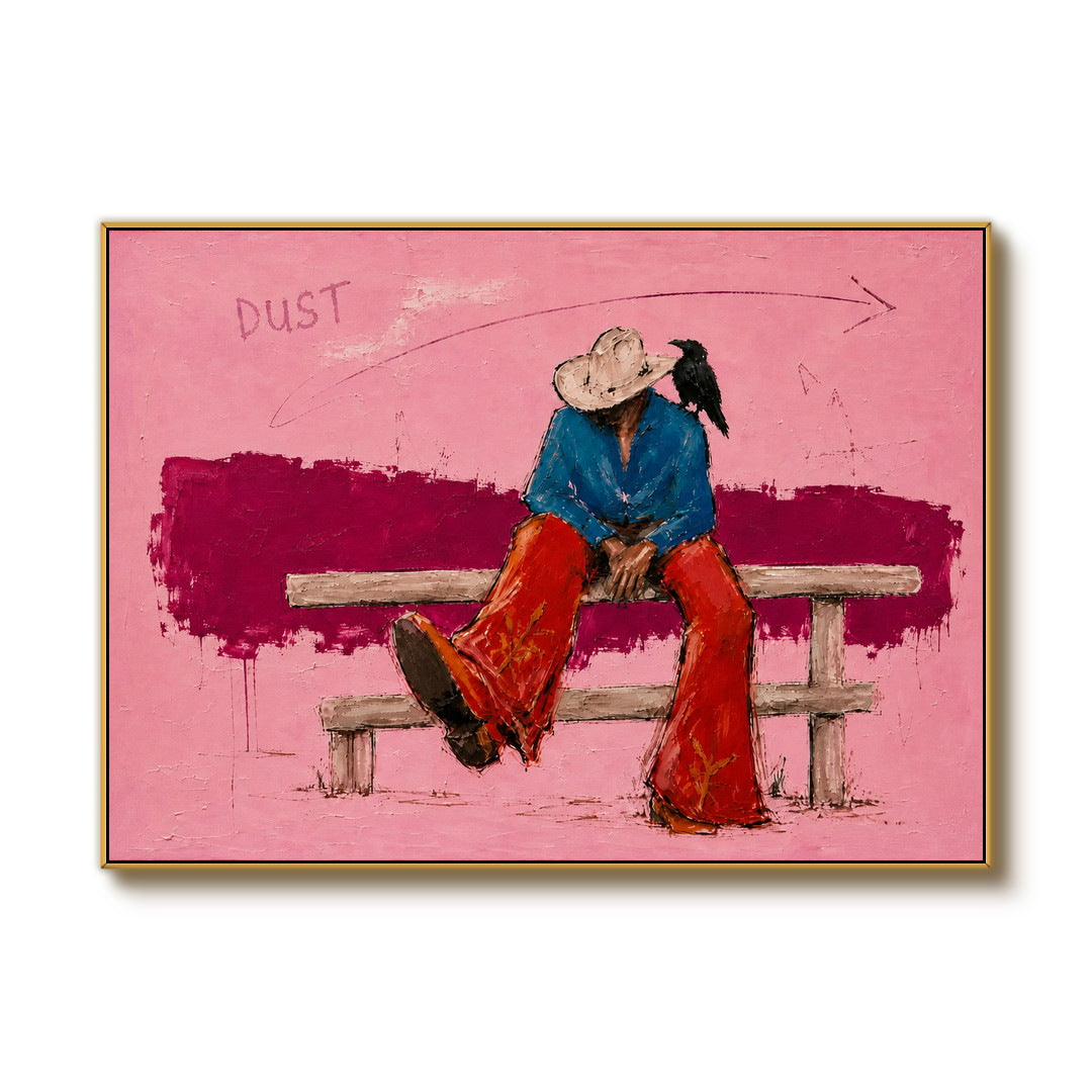 expressive Western cowboy and crow wall art in pink blue and red on a clean white background