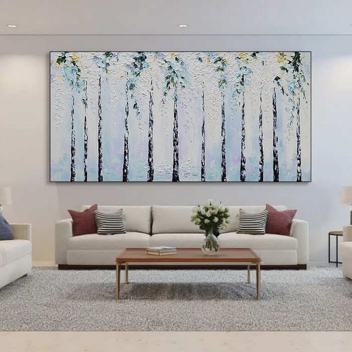 Elegy of the Birch Grove modern impasto abstract birch forest wall art by Hues Art Lab