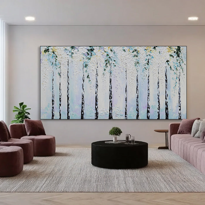 Elegy of the Birch Grove framed birch forest canvas print in a modern room