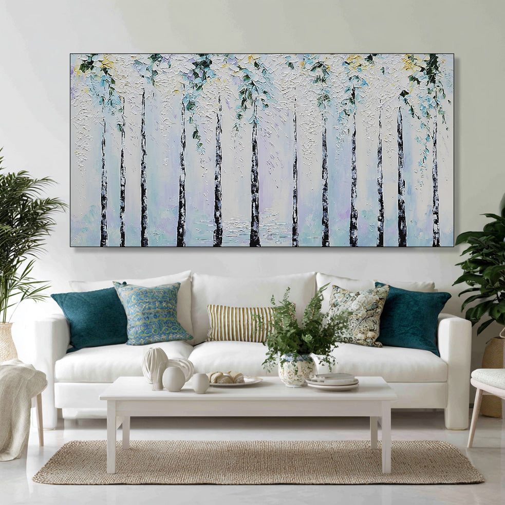 Elegy of the Birch Grove modern landscape painting with abstract birch atmosphere