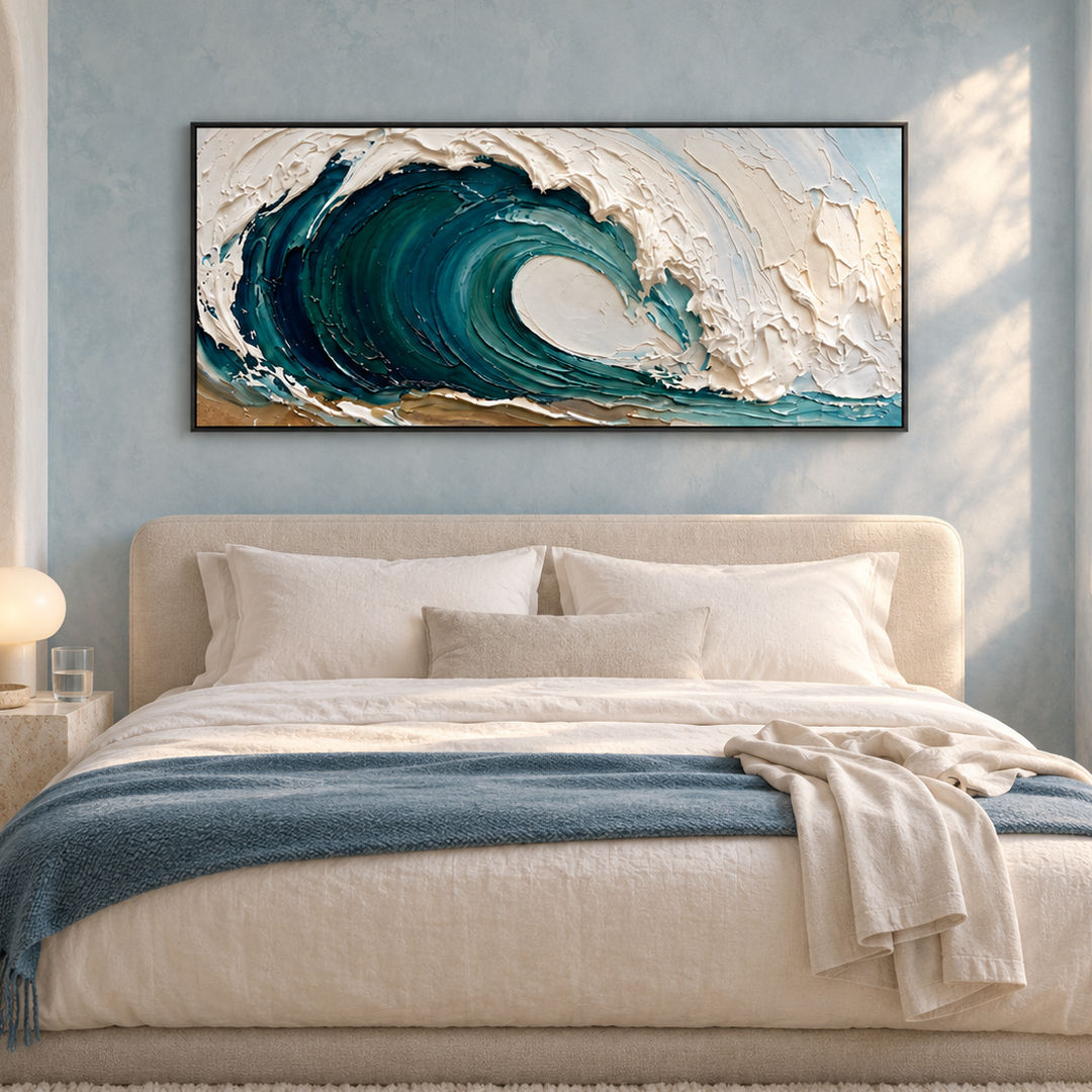 thick textured ocean wave wall art in emerald green deep blue and white in a coordinated modern interior