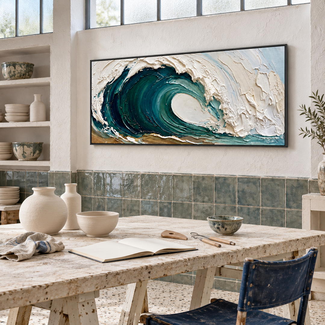 thick textured ocean wave wall art in emerald green deep blue and white in a coordinated modern interior