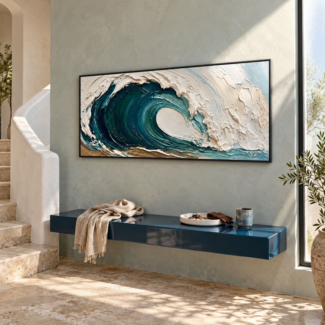 thick textured ocean wave wall art in emerald green deep blue and white in a coordinated modern interior