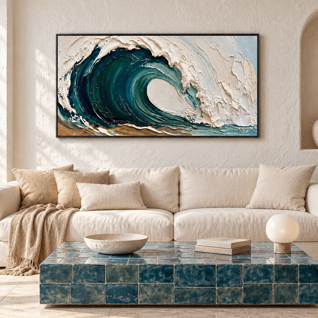 thick textured ocean wave wall art in emerald green deep blue and white displayed in a styled living room