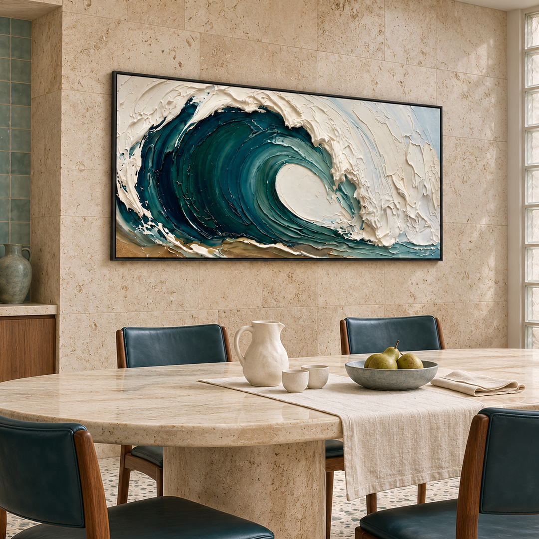 thick textured ocean wave wall art in emerald green deep blue and white in a coordinated modern interior