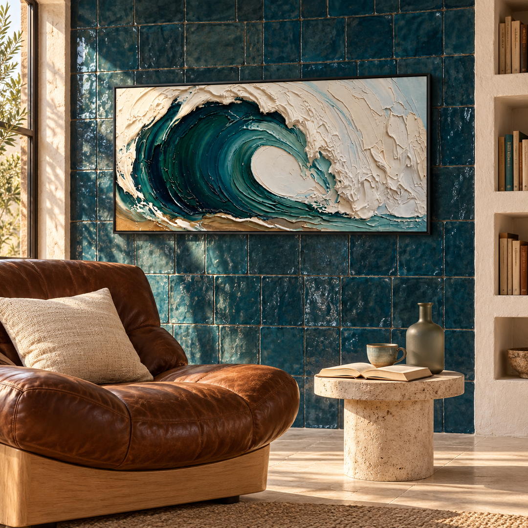 thick textured ocean wave wall art in emerald green deep blue and white in a coordinated modern interior