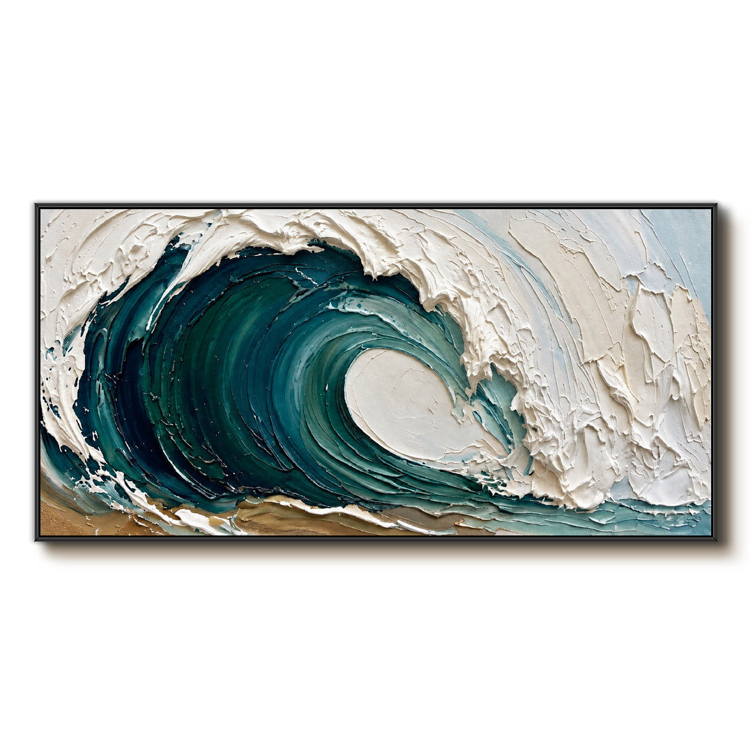 thick textured ocean wave wall art in emerald green deep blue and white on a clean white background