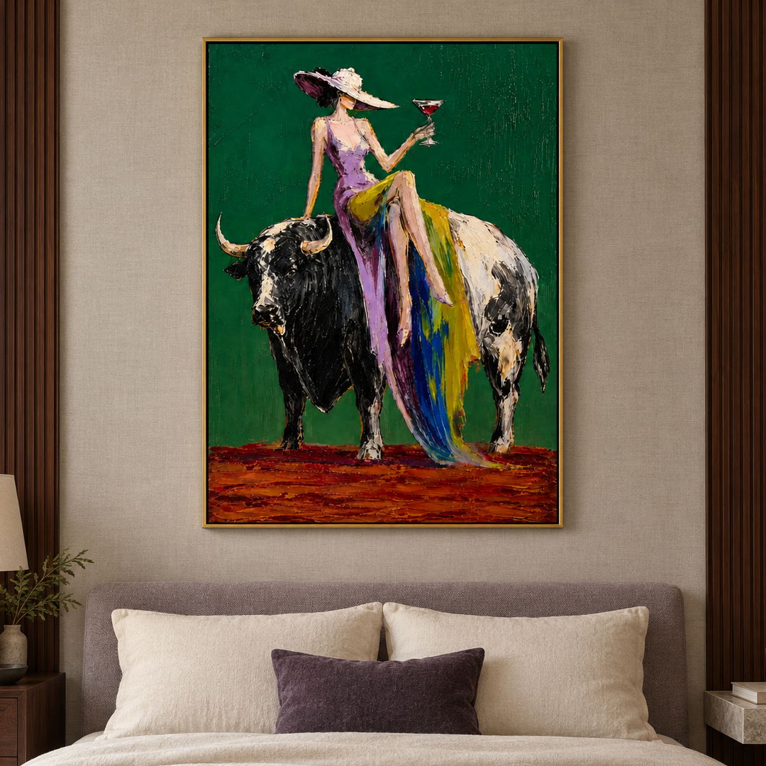 colorful cowgirl and bull wall art in emerald green and purple in a coordinated modern interior