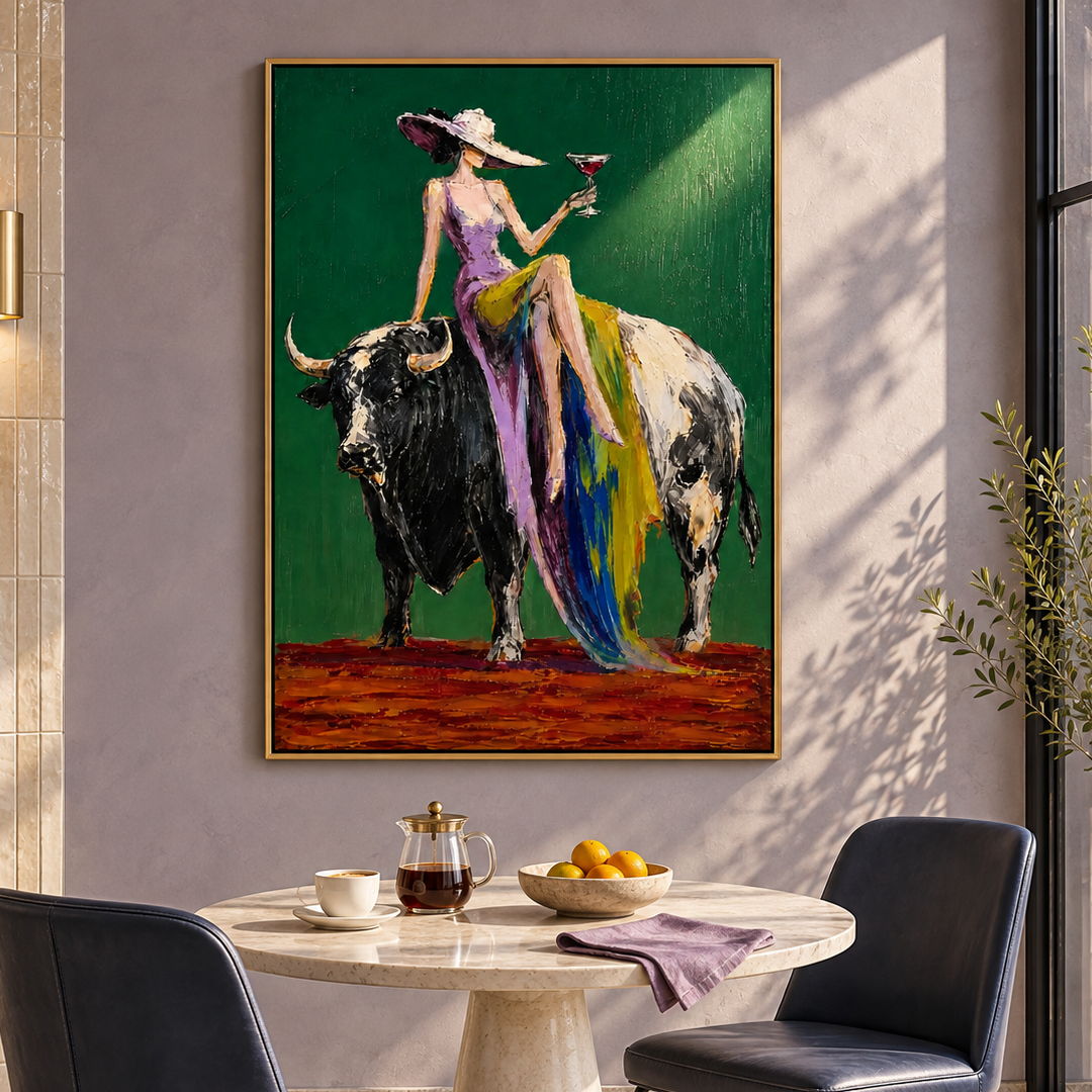 colorful cowgirl and bull wall art in emerald green and purple in a coordinated modern interior