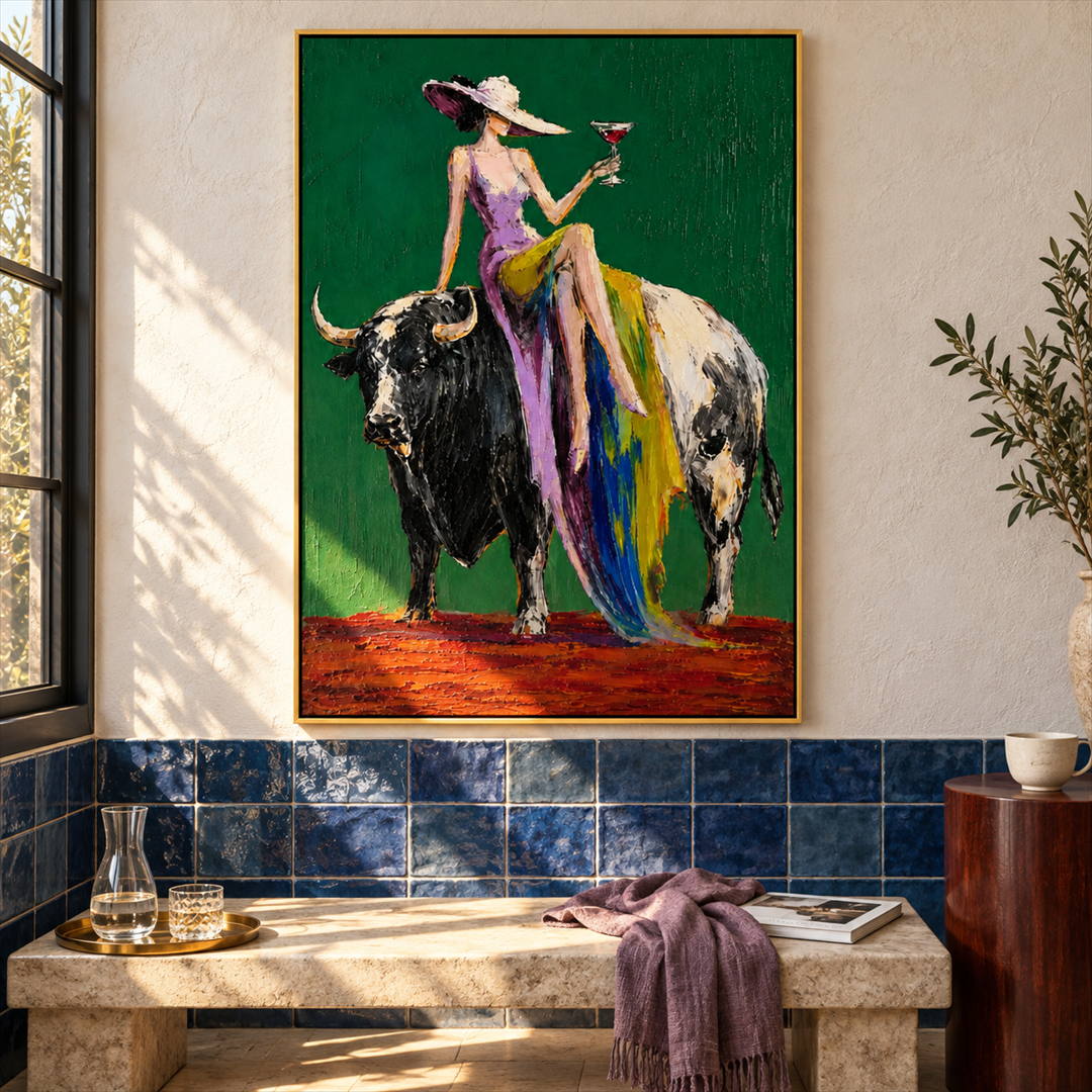 colorful cowgirl and bull wall art in emerald green and purple in a coordinated modern interior