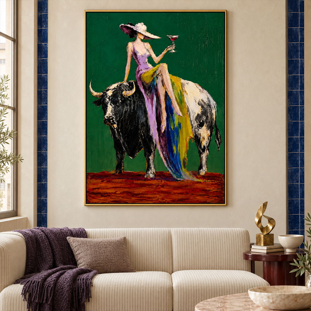 colorful cowgirl and bull wall art in emerald green and purple displayed in a styled living room