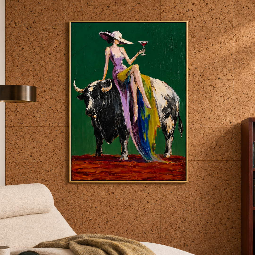 colorful cowgirl and bull wall art in emerald green and purple in a coordinated modern interior