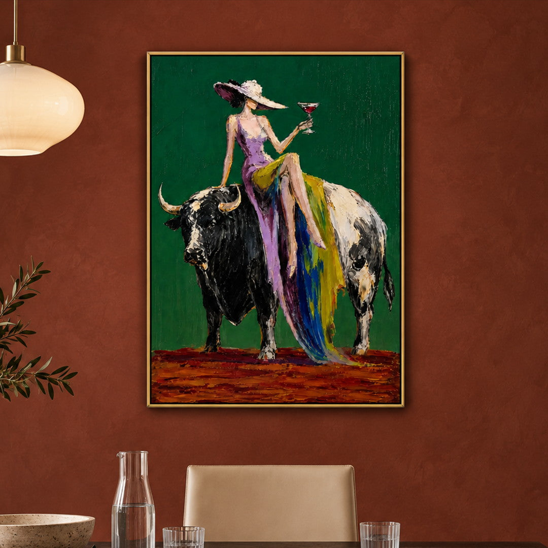 colorful cowgirl and bull wall art in emerald green and purple in a coordinated modern interior