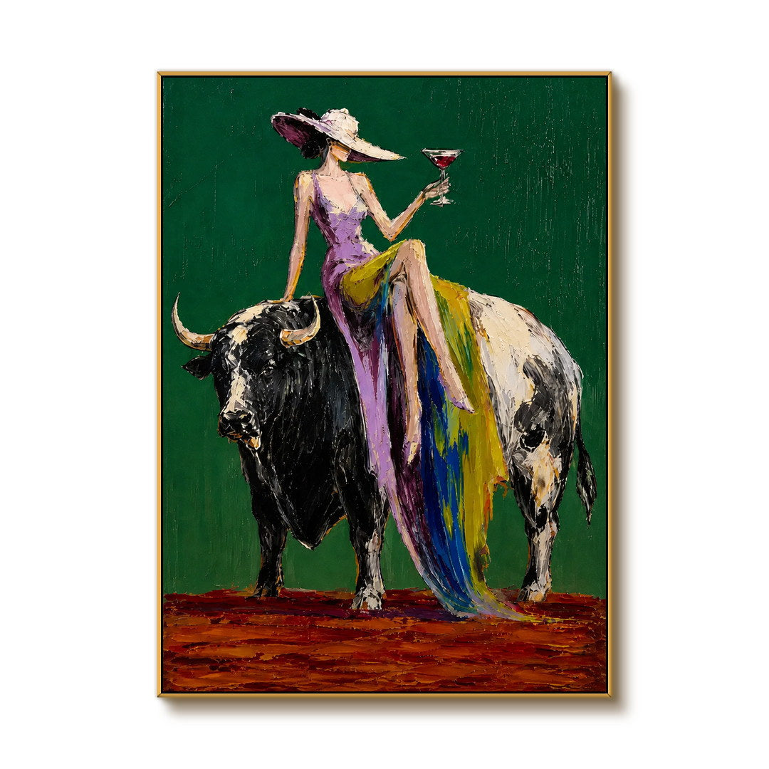 colorful cowgirl and bull wall art in emerald green and purple on a clean white background