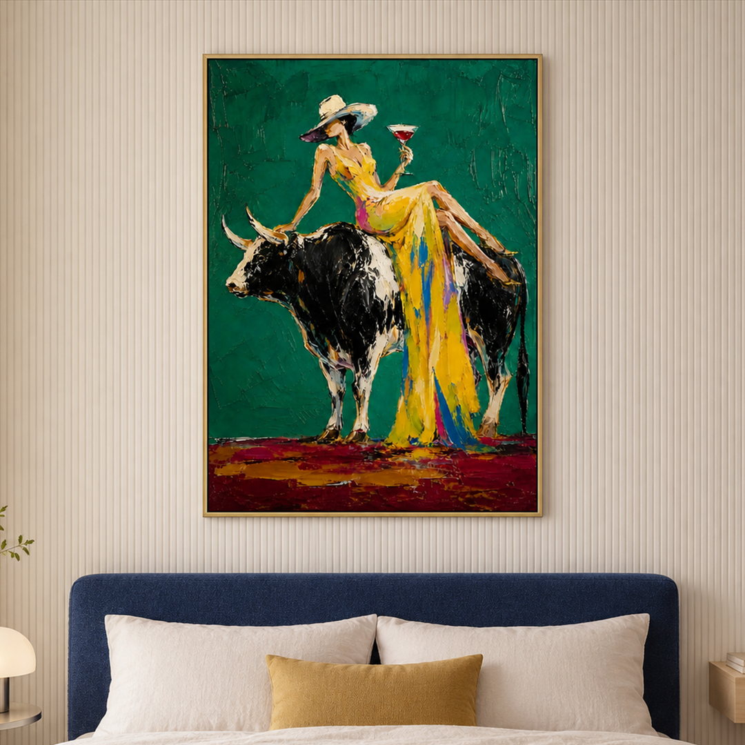 colorful cowgirl and bull wall art in emerald green and yellow in a coordinated modern interior